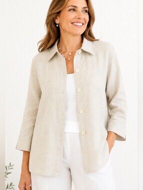 Liz Claiborne 100% Linen Button Front Shirt Coastal Minimalist Quite Luxury